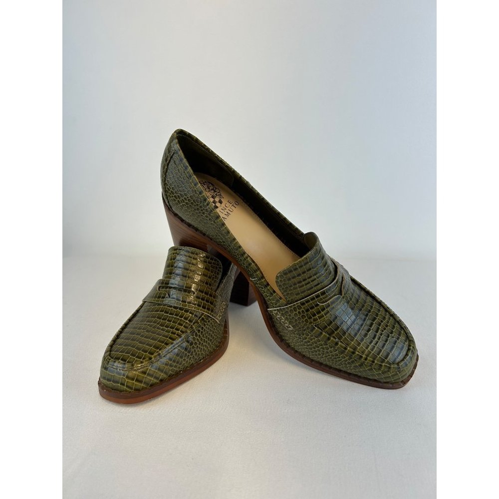 Vince Camuto Olive Green Croc-Embossed Leather Heeled Mules